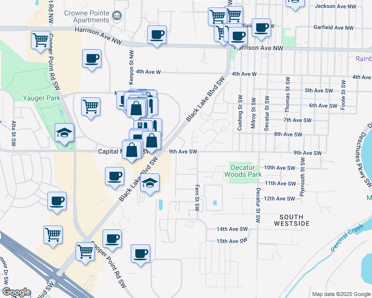 map of restaurants, bars, coffee shops, grocery stores, and more near 2229 9th Avenue Southwest in Olympia