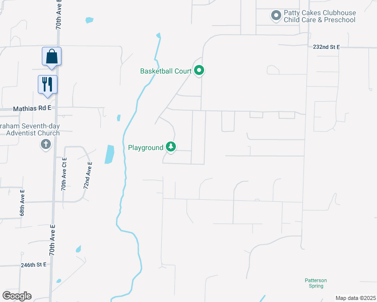 map of restaurants, bars, coffee shops, grocery stores, and more near 7812 238th Street Court East in Graham