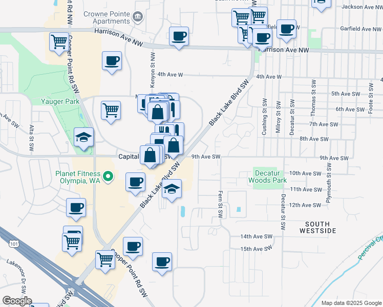 map of restaurants, bars, coffee shops, grocery stores, and more near in Olympia