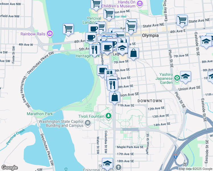 map of restaurants, bars, coffee shops, grocery stores, and more near 915 Columbia Street Southwest in Olympia