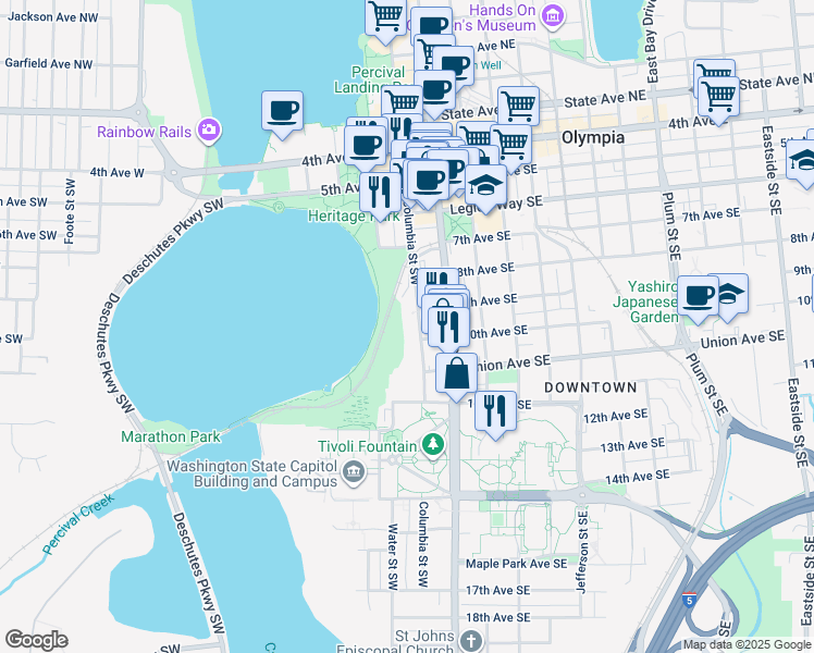 map of restaurants, bars, coffee shops, grocery stores, and more near 915 Columbia Street Southwest in Olympia