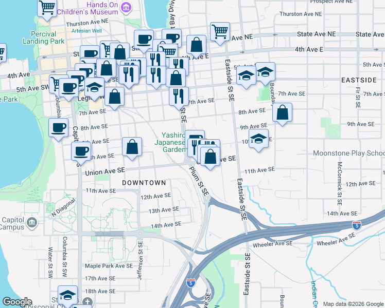 map of restaurants, bars, coffee shops, grocery stores, and more near 1018 Plum Street Southeast in Olympia