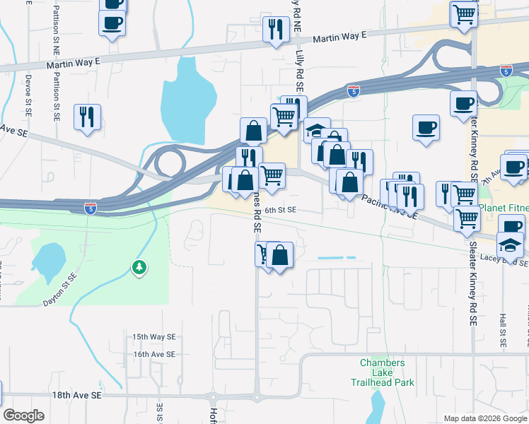 map of restaurants, bars, coffee shops, grocery stores, and more near 3505 6th Avenue Northwest in Olympia
