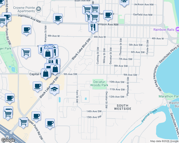 map of restaurants, bars, coffee shops, grocery stores, and more near 2013 8th Court Southwest in Olympia