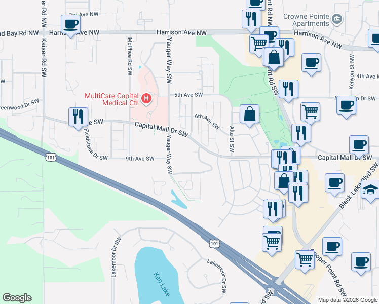 map of restaurants, bars, coffee shops, grocery stores, and more near 800 Yauger Way Southwest in Olympia
