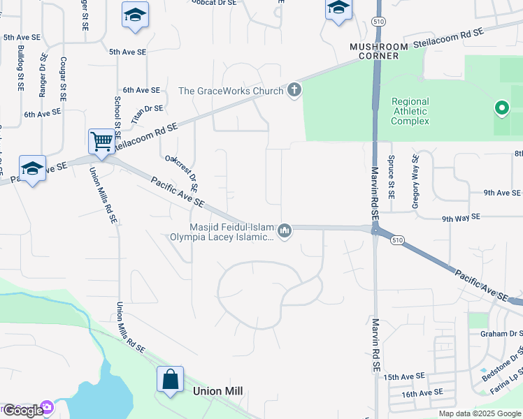 map of restaurants, bars, coffee shops, grocery stores, and more near 927 Vine Maple Street Southeast in Lacey