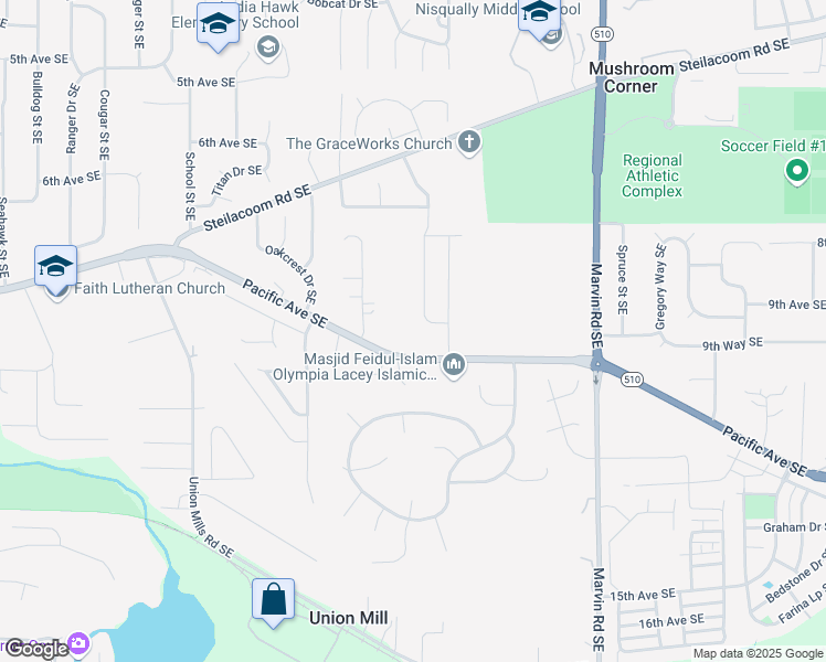 map of restaurants, bars, coffee shops, grocery stores, and more near 927 Vine Maple Street Southeast in Lacey