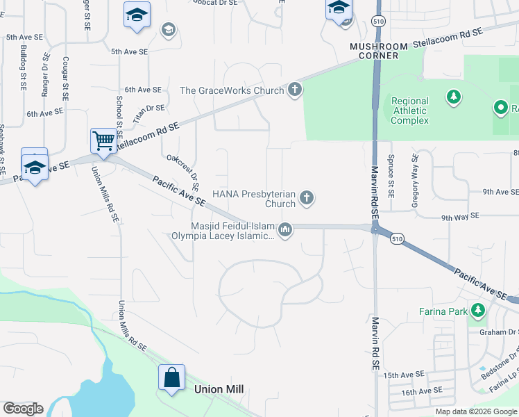 map of restaurants, bars, coffee shops, grocery stores, and more near 927 Vine Maple Street Southeast in Lacey