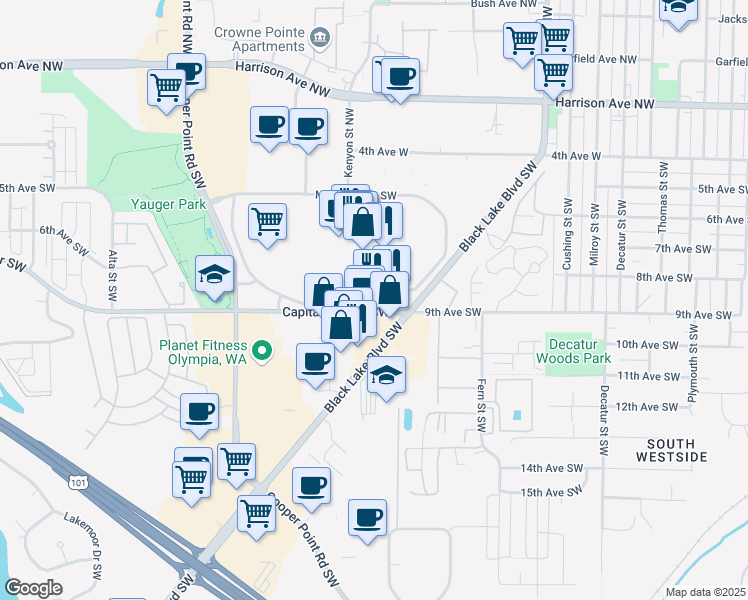 map of restaurants, bars, coffee shops, grocery stores, and more near 2500 Black Lake Boulevard Southwest in Olympia