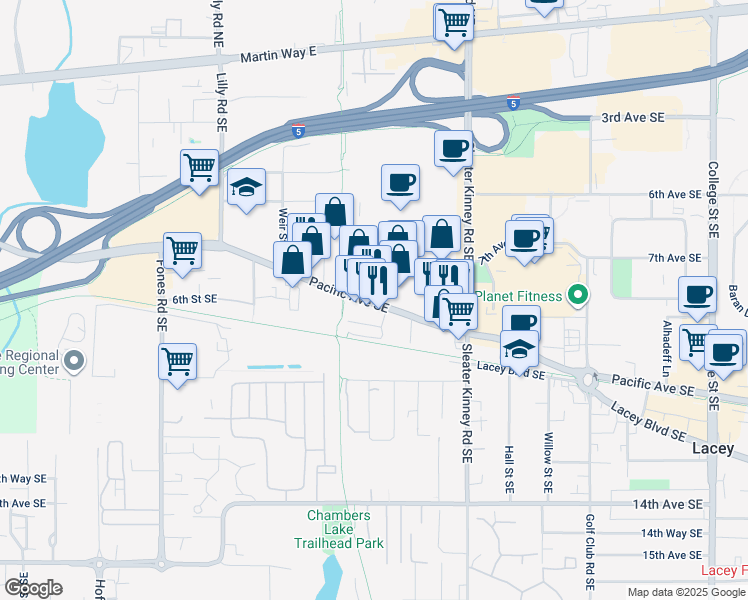 map of restaurants, bars, coffee shops, grocery stores, and more near in Lacey
