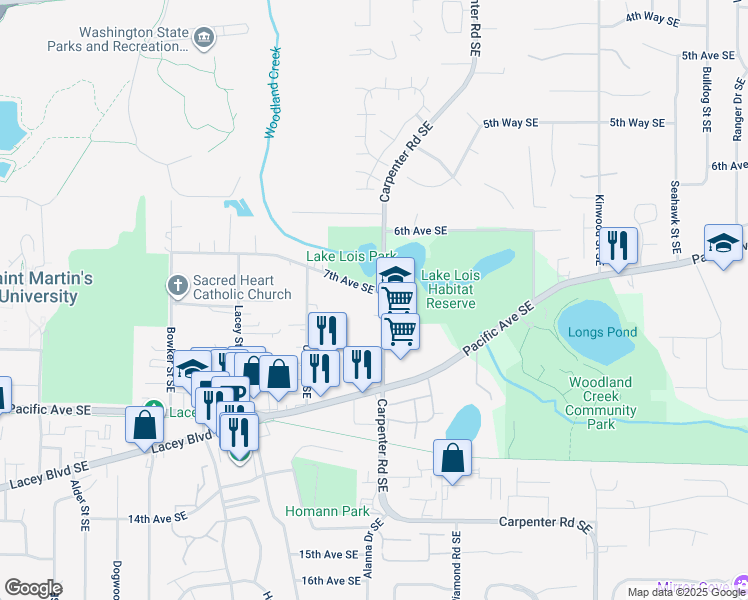 map of restaurants, bars, coffee shops, grocery stores, and more near 6035 7th Avenue Southeast in Lacey