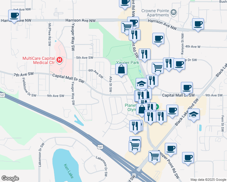 map of restaurants, bars, coffee shops, grocery stores, and more near 800 Alta Street Southwest in Olympia
