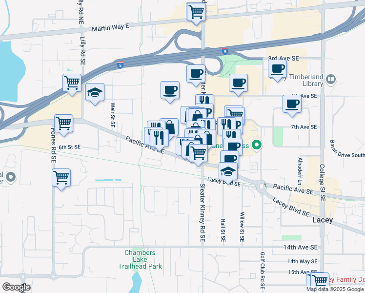 map of restaurants, bars, coffee shops, grocery stores, and more near 4022 Pacific Avenue Southeast in Lacey