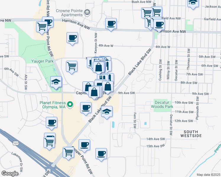 map of restaurants, bars, coffee shops, grocery stores, and more near 2422-2482 Capital Mall Drive Southwest in Olympia