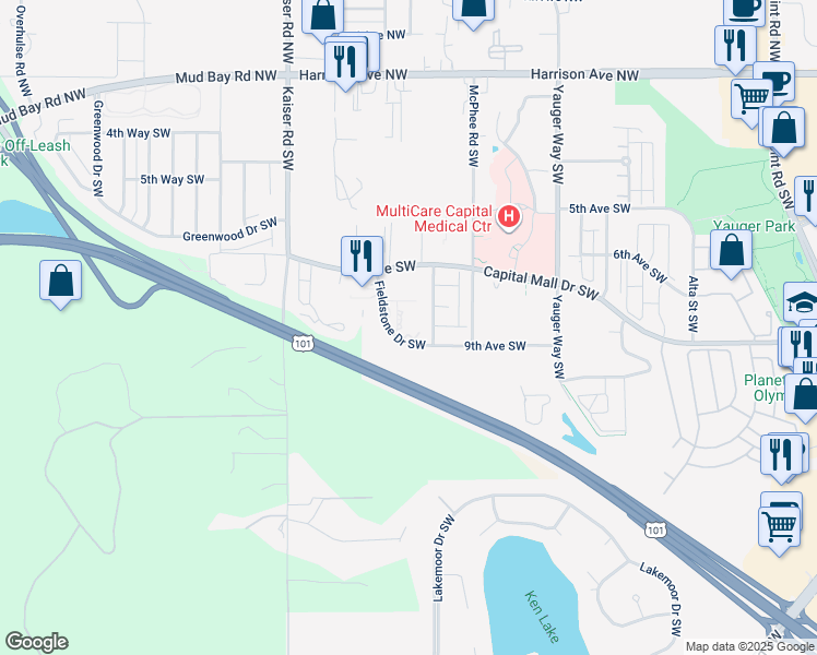 map of restaurants, bars, coffee shops, grocery stores, and more near 810 Fieldstone Drive Southwest in Olympia