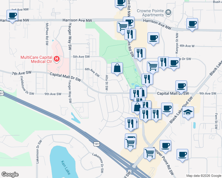 map of restaurants, bars, coffee shops, grocery stores, and more near in Olympia