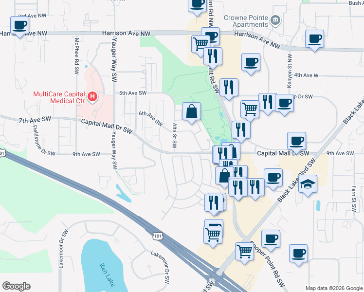 map of restaurants, bars, coffee shops, grocery stores, and more near in Olympia