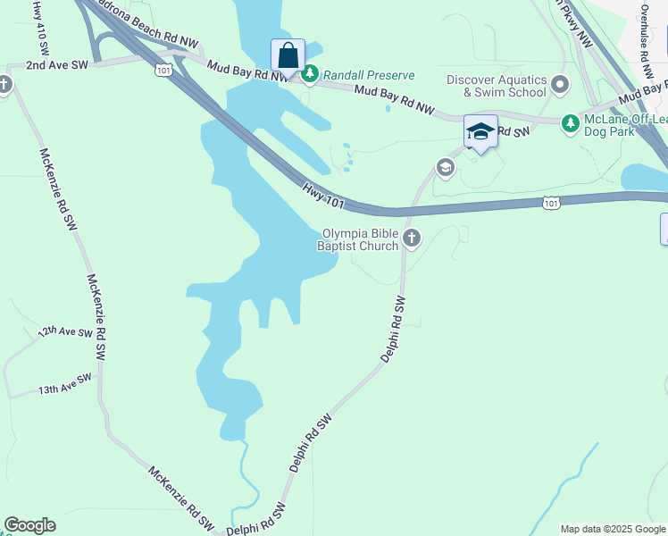 map of restaurants, bars, coffee shops, grocery stores, and more near 829 Delphi Road Southwest in Olympia