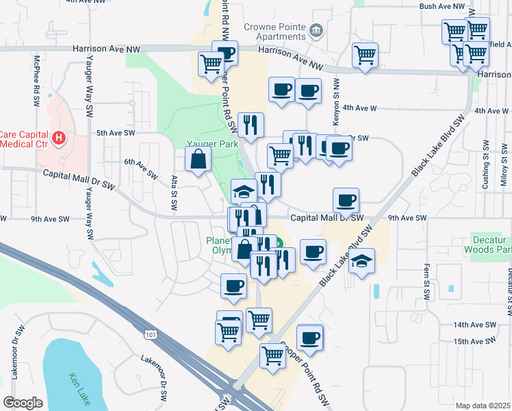 map of restaurants, bars, coffee shops, grocery stores, and more near in Olympia