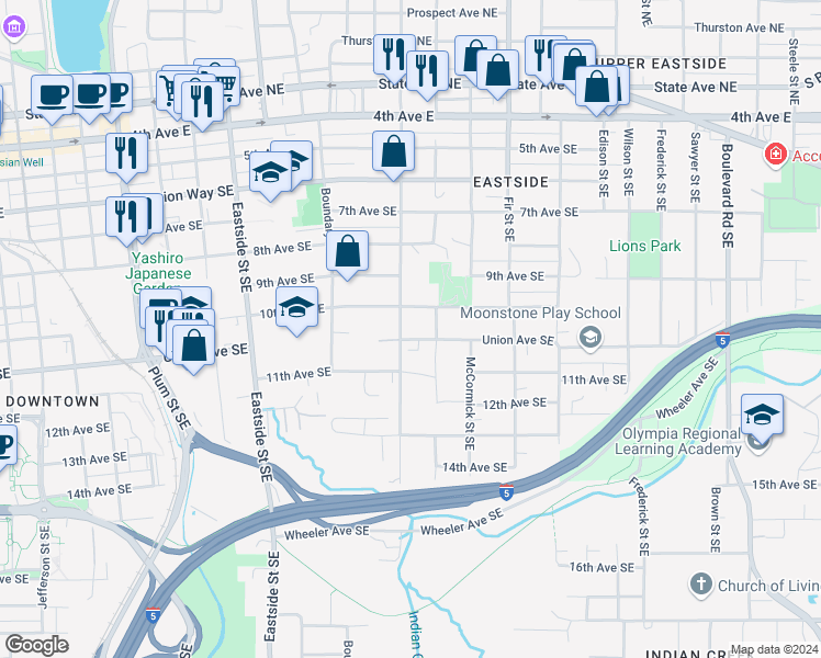 map of restaurants, bars, coffee shops, grocery stores, and more near 1054 Central Street Southeast in Olympia
