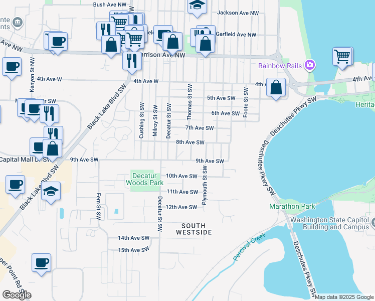 map of restaurants, bars, coffee shops, grocery stores, and more near 1424 9th Avenue Southwest in Olympia