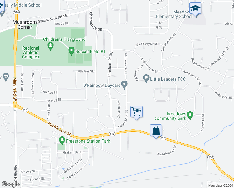 map of restaurants, bars, coffee shops, grocery stores, and more near 8935 Wakeman Drive Southeast in Olympia