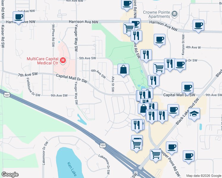 map of restaurants, bars, coffee shops, grocery stores, and more near 3311 6th Avenue Southwest in Olympia