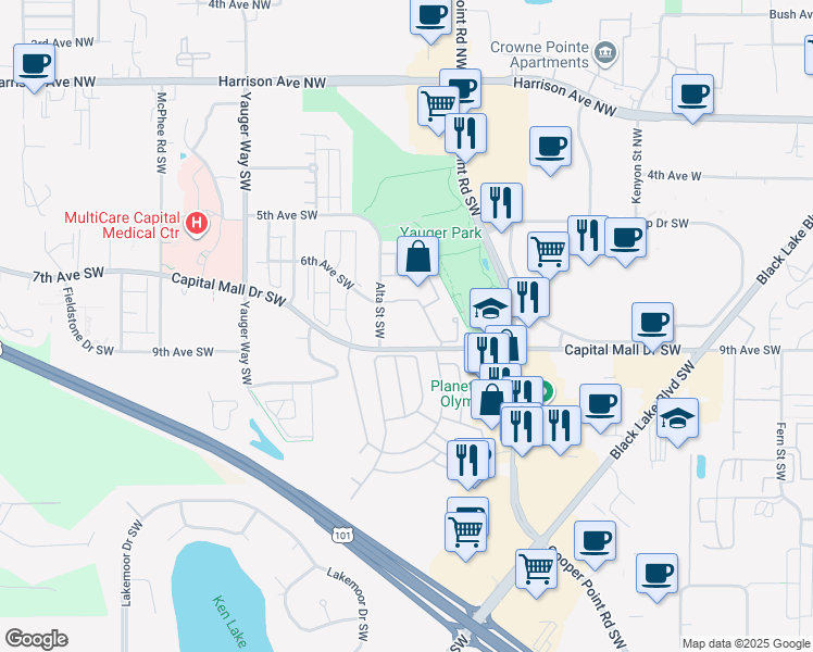 map of restaurants, bars, coffee shops, grocery stores, and more near 3500 Capital Mall Drive Southwest in Olympia