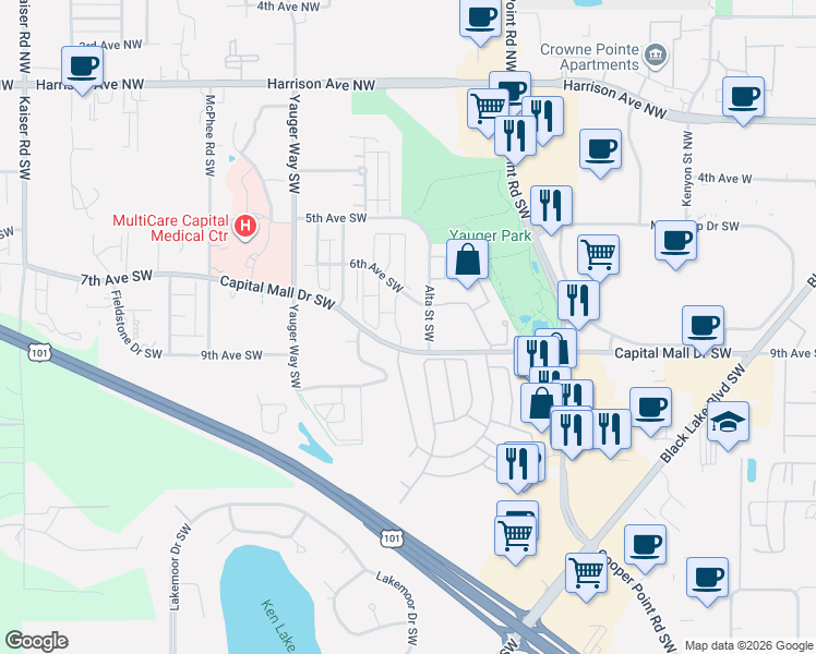 map of restaurants, bars, coffee shops, grocery stores, and more near 3311 6th Avenue Southwest in Olympia