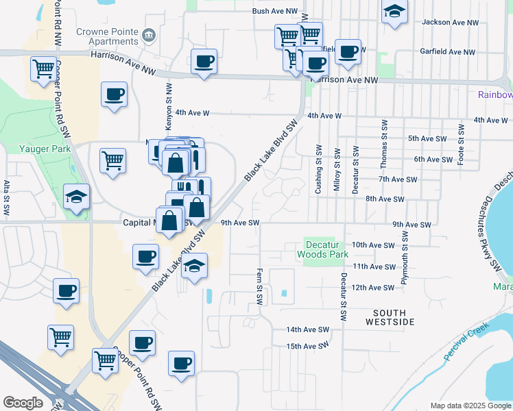 map of restaurants, bars, coffee shops, grocery stores, and more near 2229 9th Avenue Southwest in Olympia