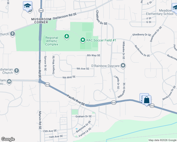 map of restaurants, bars, coffee shops, grocery stores, and more near 8640 9th Way Southeast in Olympia
