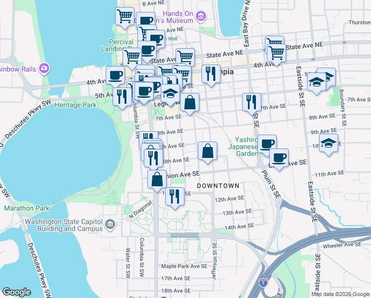 map of restaurants, bars, coffee shops, grocery stores, and more near 306 10th Avenue Southeast in Olympia