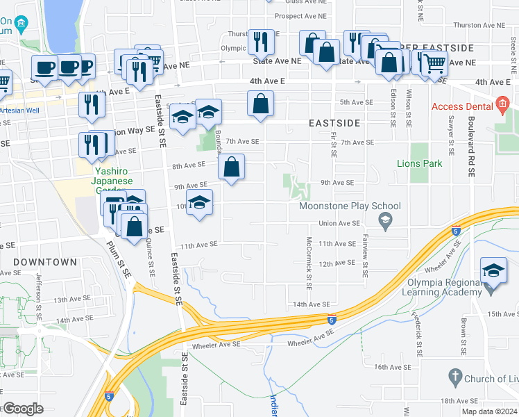 map of restaurants, bars, coffee shops, grocery stores, and more near 1054 Central Street Southeast in Olympia