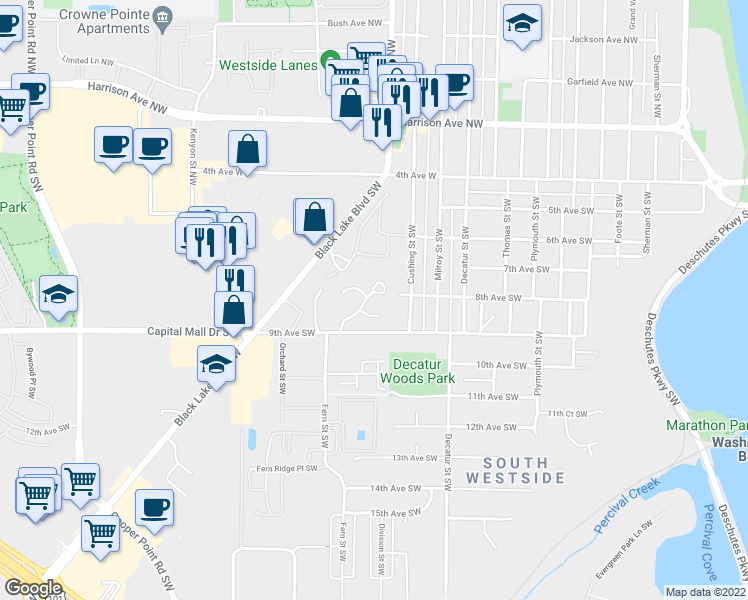 map of restaurants, bars, coffee shops, grocery stores, and more near 822 Soroya Drive Southwest in Olympia