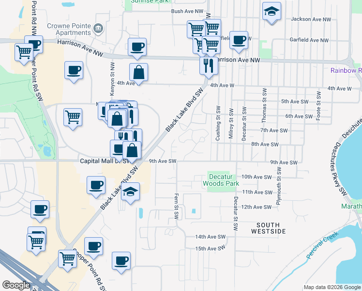 map of restaurants, bars, coffee shops, grocery stores, and more near 2120 Soroya Court Southwest in Olympia