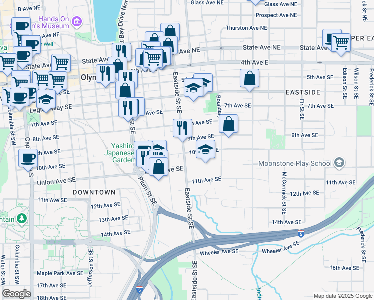 map of restaurants, bars, coffee shops, grocery stores, and more near 1102 10th Avenue Southeast in Olympia