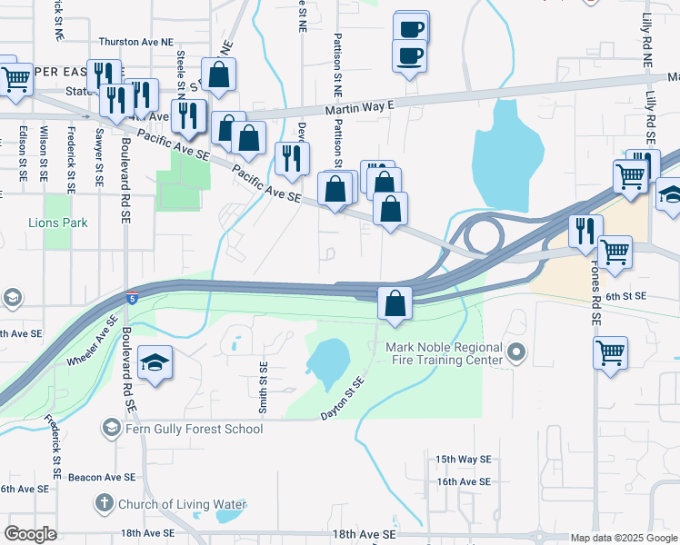 map of restaurants, bars, coffee shops, grocery stores, and more near 3013 Pacific Avenue Southeast in Olympia