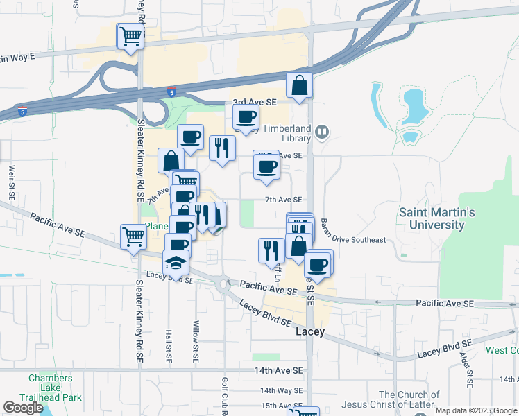 map of restaurants, bars, coffee shops, grocery stores, and more near 4565 7th Avenue Southeast in Olympia