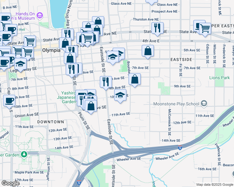 map of restaurants, bars, coffee shops, grocery stores, and more near 1200 10th Avenue Southeast in Olympia
