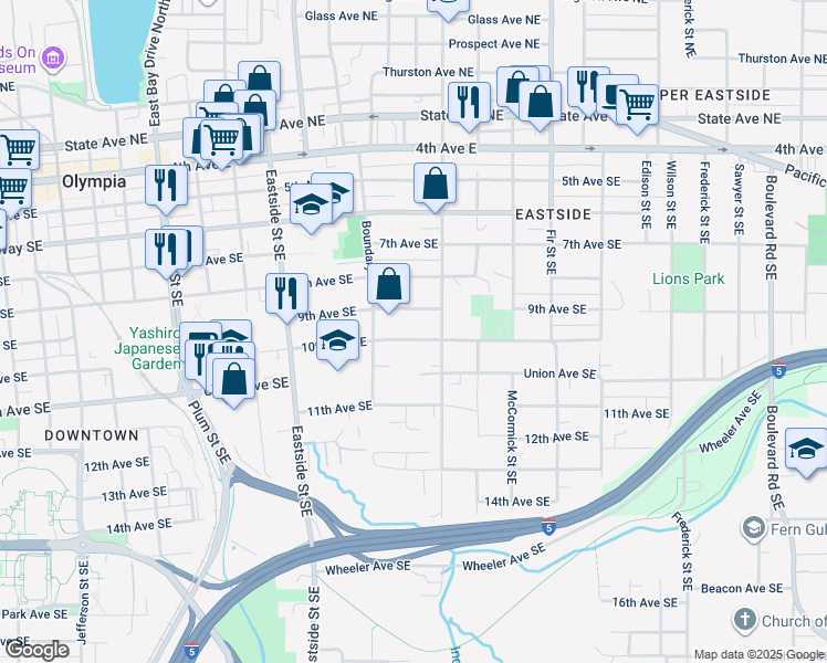 map of restaurants, bars, coffee shops, grocery stores, and more near 1404 10th Avenue Southeast in Olympia