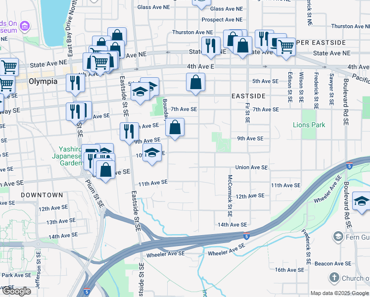 map of restaurants, bars, coffee shops, grocery stores, and more near 1404 10th Avenue Southeast in Olympia