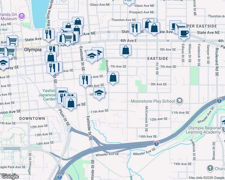 map of restaurants, bars, coffee shops, grocery stores, and more near 908 Boundary Street Southeast in Olympia