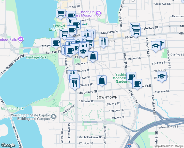 map of restaurants, bars, coffee shops, grocery stores, and more near 313 8th Avenue Southeast in Olympia