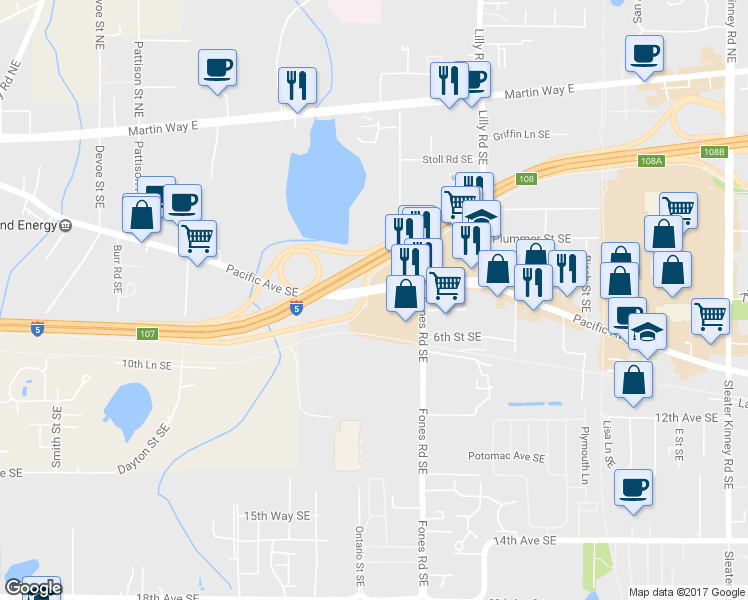 map of restaurants, bars, coffee shops, grocery stores, and more near 3315 Pacific Avenue Southeast in Olympia