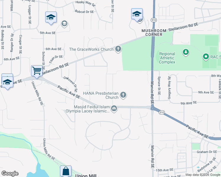 map of restaurants, bars, coffee shops, grocery stores, and more near 7918 Pacific Avenue Southeast in Olympia