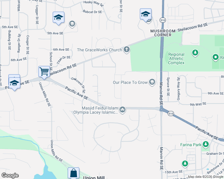 map of restaurants, bars, coffee shops, grocery stores, and more near 849 Vine Maple Street Southeast in Lacey