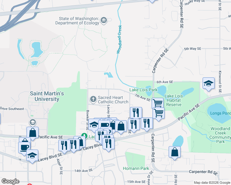 map of restaurants, bars, coffee shops, grocery stores, and more near 802 Lacey Street Southeast in Lacey