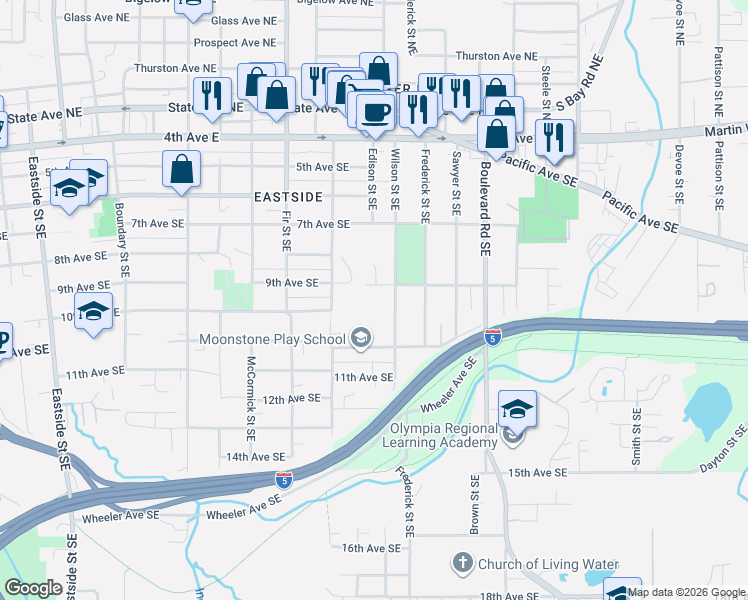 map of restaurants, bars, coffee shops, grocery stores, and more near 1947 9th Avenue Southeast in Olympia