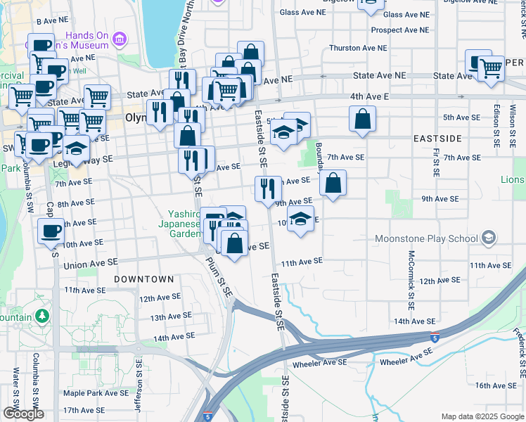 map of restaurants, bars, coffee shops, grocery stores, and more near 900 Eastside Street Southeast in Olympia