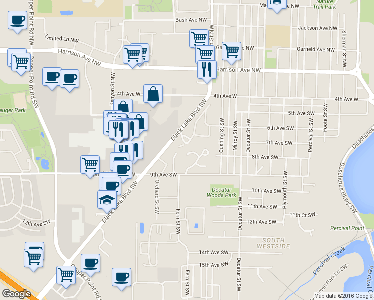 map of restaurants, bars, coffee shops, grocery stores, and more near 2120 Soroya Court Southwest in Olympia